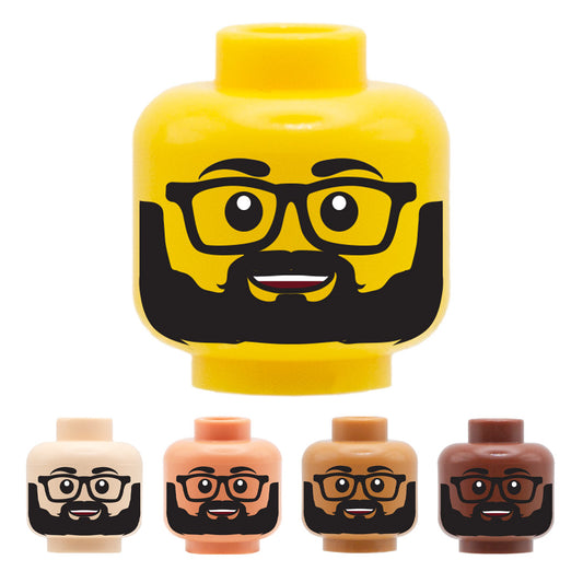 Black Beard Glasses Cute Smile - Custom Printed Minifigure Head