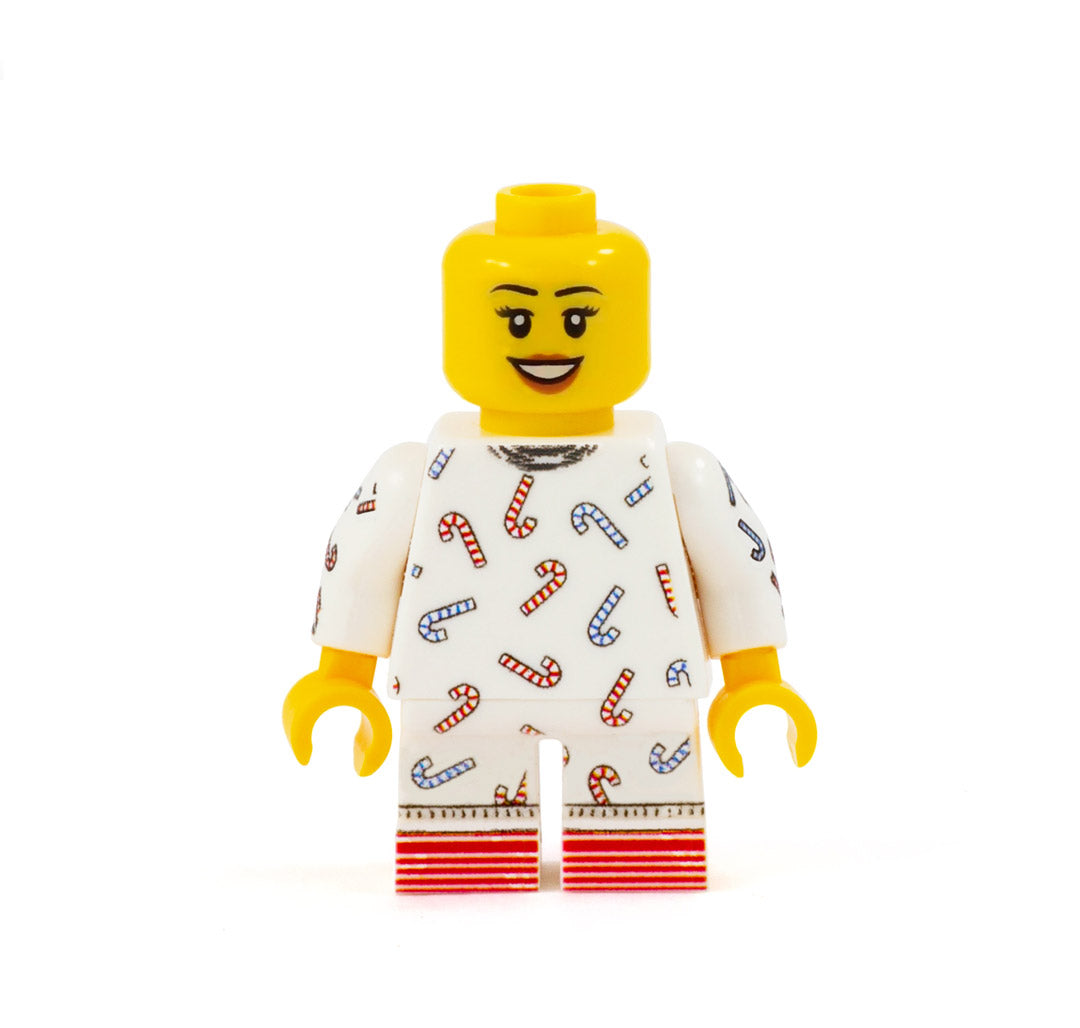 Candy Cane Pyjamas - Custom Design LEGO Minifigure with Short Legs - Female LEGO Head