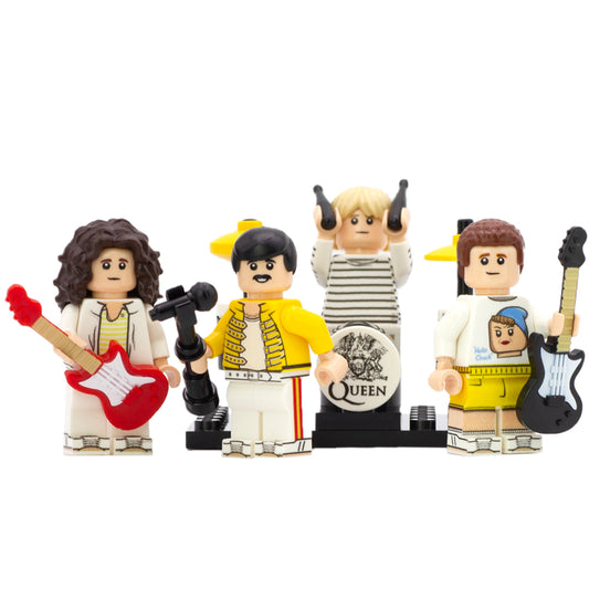 Queen Band - Freddie Mercury, Brian May, John Deakin, Roger Taylor - Custom Design LEGO Minifigure Set