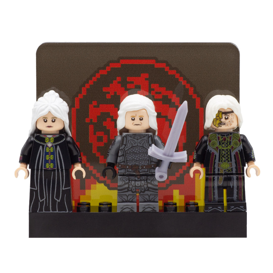 LEGO House of the Dragon; Daemon Targaryen played by Matt Smith, Rhaenyra Targaryen played by Emma D'Arcy, and Viserys I Targaryen played by Paddy Constantine. Custom Design LEGO Minifigures with 3D-printed Sword.