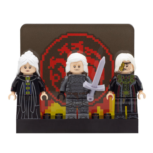 LEGO House of the Dragon; Daemon Targaryen played by Matt Smith, Rhaenyra Targaryen played by Emma D'Arcy, and Viserys I Targaryen played by Paddy Constantine. Custom Design LEGO Minifigures with 3D-printed Sword.