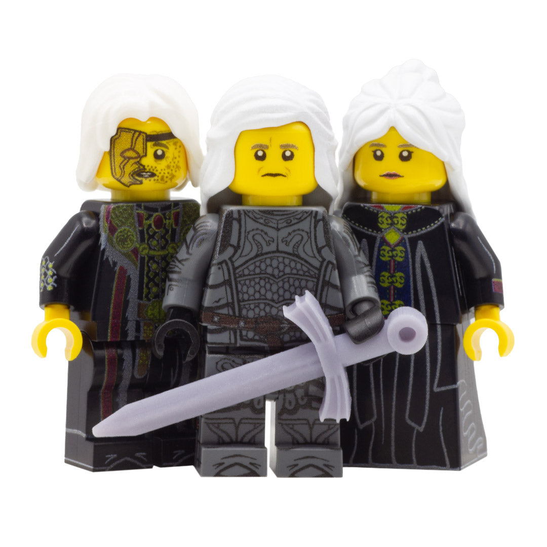 LEGO House of the Dragon; Daemon Targaryen played by Matt Smith, Rhaenyra Targaryen played by Emma D'Arcy, and Viserys I Targaryen played by Paddy Constantine. Custom Design LEGO Minifigures with 3D-printed Sword.