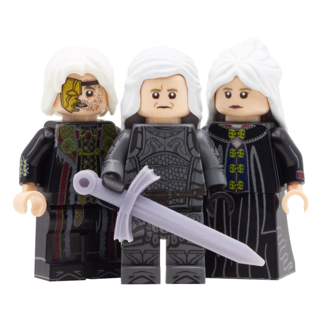 LEGO House of the Dragon; Daemon Targaryen played by Matt Smith, Rhaenyra Targaryen played by Emma D'Arcy, and Viserys I Targaryen played by Paddy Constantine. Custom Design LEGO Minifigures with 3D-printed Sword.