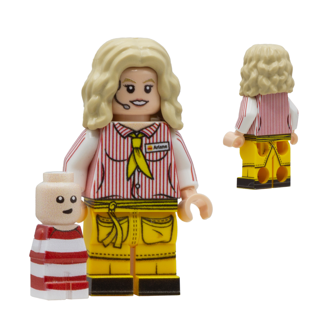 A printed minifigure with blonde hair, a pink-and-white striped shirt and yellow pants (a fast food restaurant uniform), and a small matching baby figure, shown on a plain white background with front and back views.