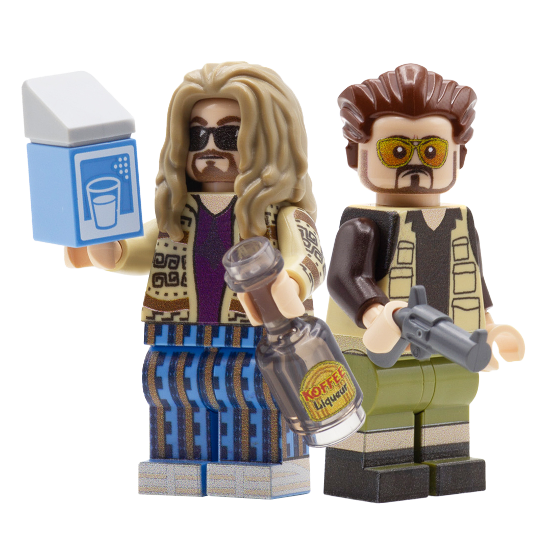 Custom minifigures inspired by the two main characters from The Big Lebowski movie, wearing their characteristic outfits and holding LEGO accessories - a milk carton, a bottle of Koffee Liqueur and a LEGO revolver. 
