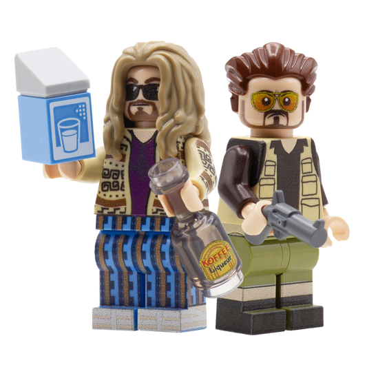 Custom minifigures inspired by the two main characters from The Big Lebowski movie, wearing their characteristic outfits and holding LEGO accessories - a milk carton, a bottle of Koffee Liqueur and a LEGO revolver. 