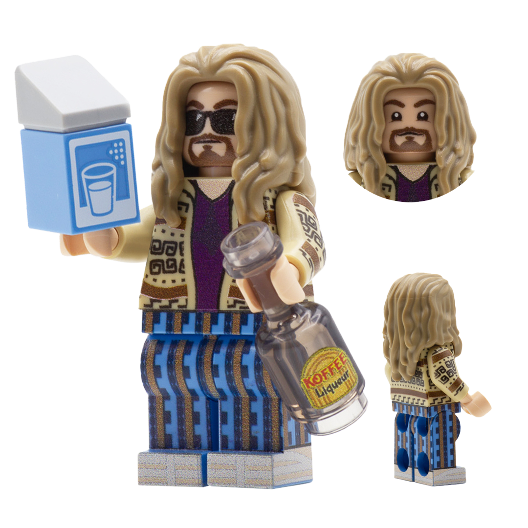 Custom minifigure inspired by the main character from The Big Lebowski movie, wearing his characteristic outfit and holding LEGO accessories - a milk carton and a bottle of Koffee Liqueur.