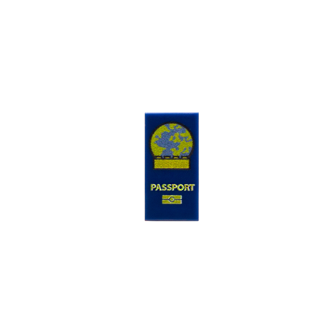 Dark blue LEGO tile with printed pretend passports design on it.