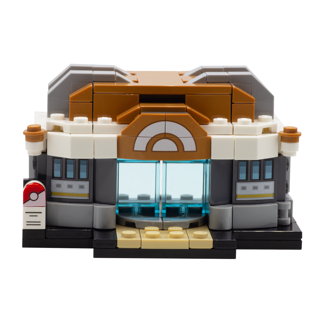 A custom LEGO minibuild depicting a Pokemon Training Gym from the very front, featuring brown, white, gray, black, and beige bricks and transparent blue doors which can open and shut. 