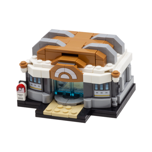 A custom LEGO minibuild depicting a Pokemon Training Gym, featuring brown, white, gray, black, and beige bricks and transparent blue doors which can open and shut. 