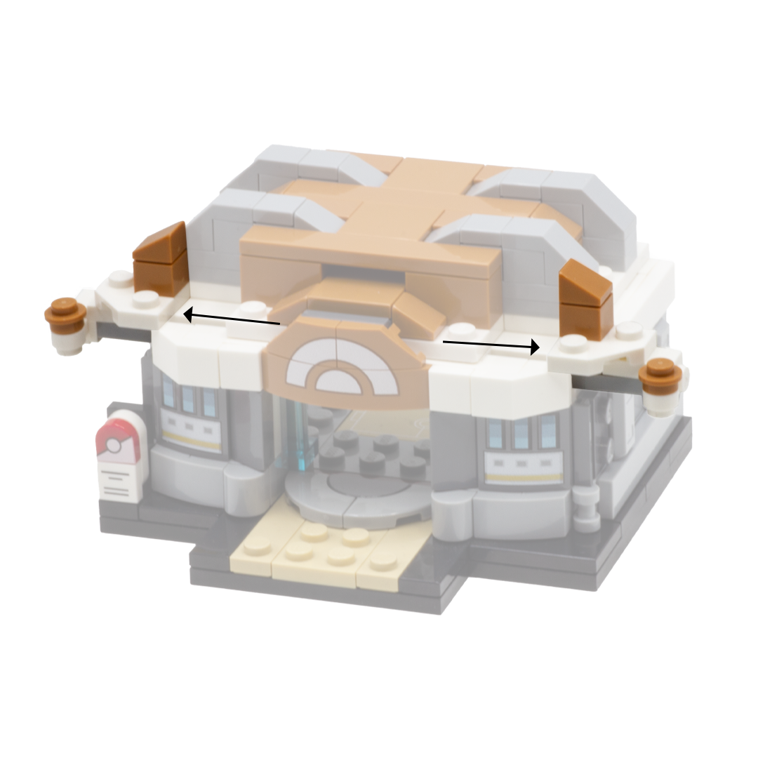 A custom LEGO minibuild depicting a Pokemon Training Gym, featuring brown, white, gray, black, and beige bricks - this image depicts how the transparent blue doors can open and shut. 