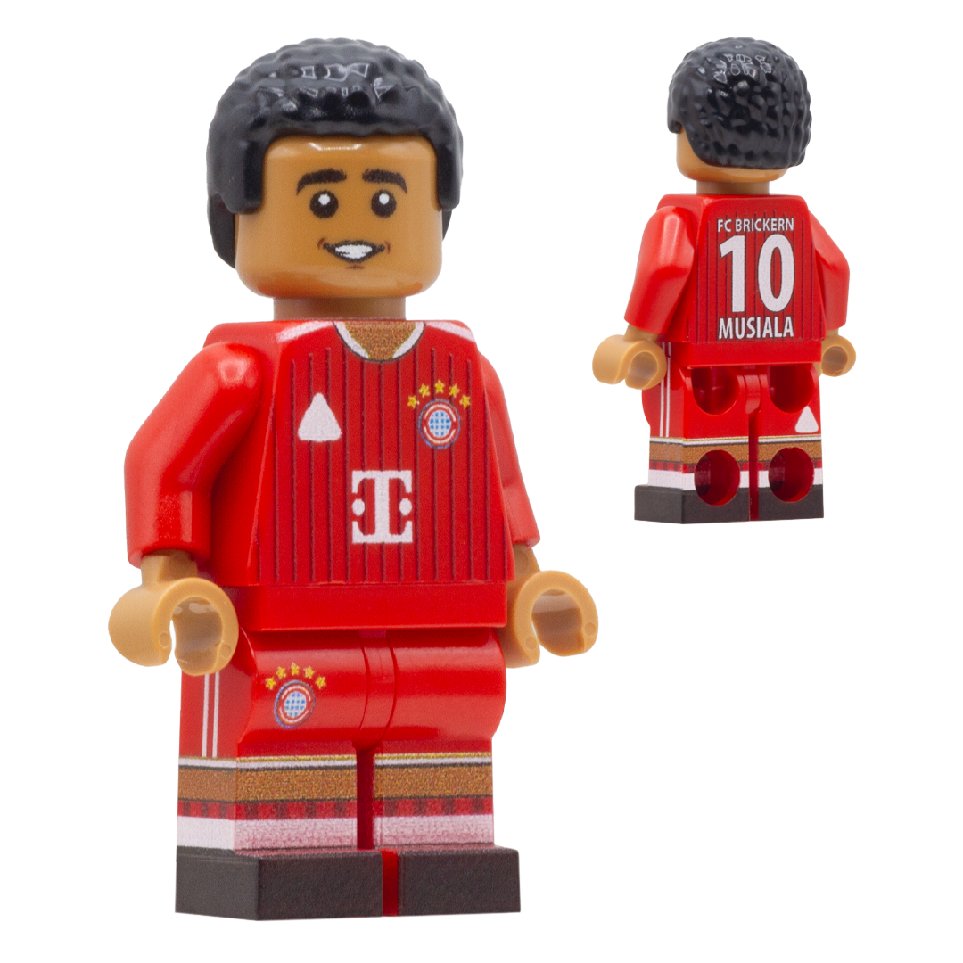 LEGO minifigure of FC Barcelona player Jamal Musiala shown from the front and back, wearing a red striped jersey with the number 10.