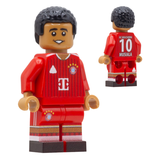 LEGO minifigure of FC Barcelona player Jamal Musiala shown from the front and back, wearing a red striped jersey with the number 10.