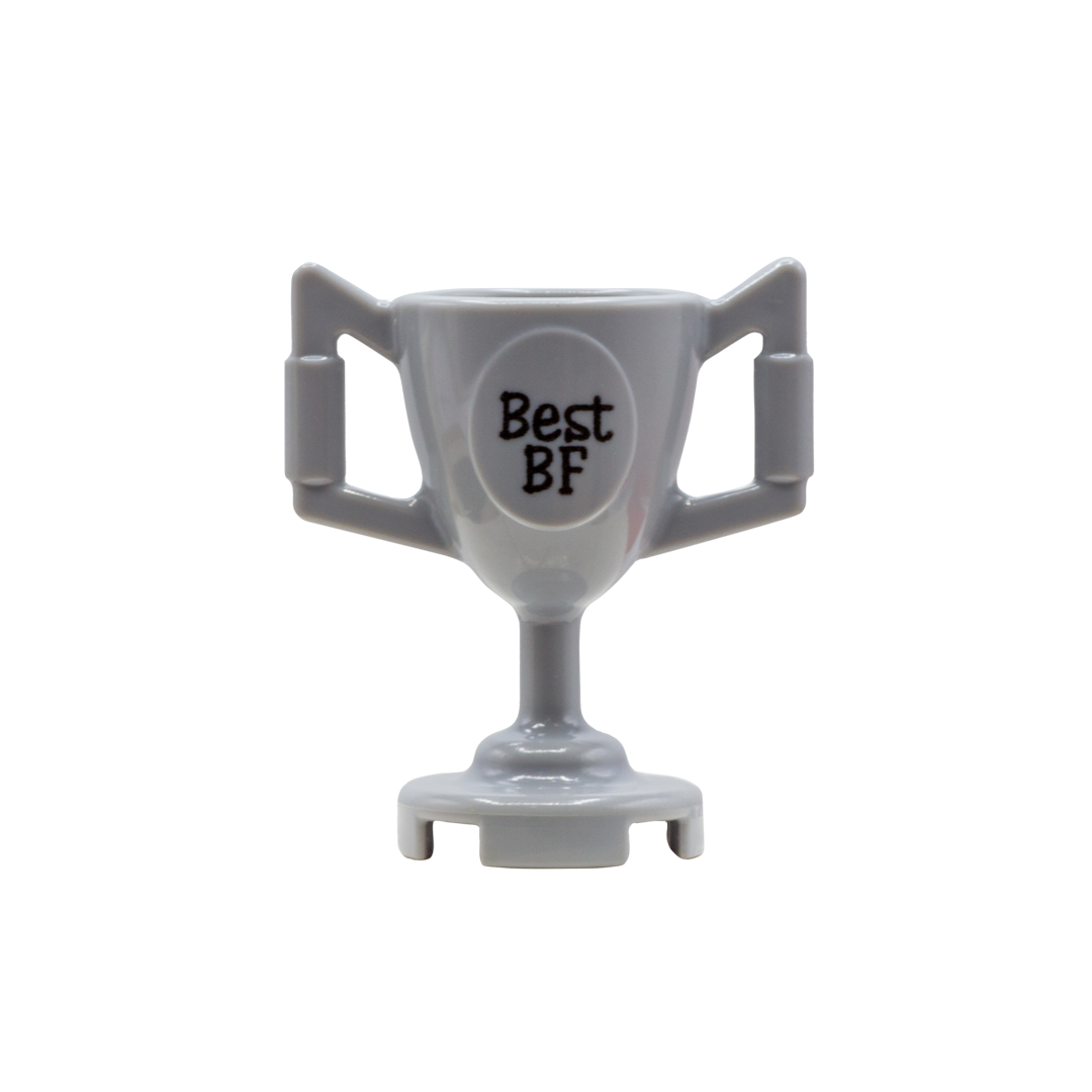 A gray LEGO trophy cup with two handles and a circular front label that reads 'Best BF' in black text.