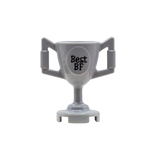 A gray LEGO trophy cup with two handles and a circular front label that reads 'Best BF' in black text.