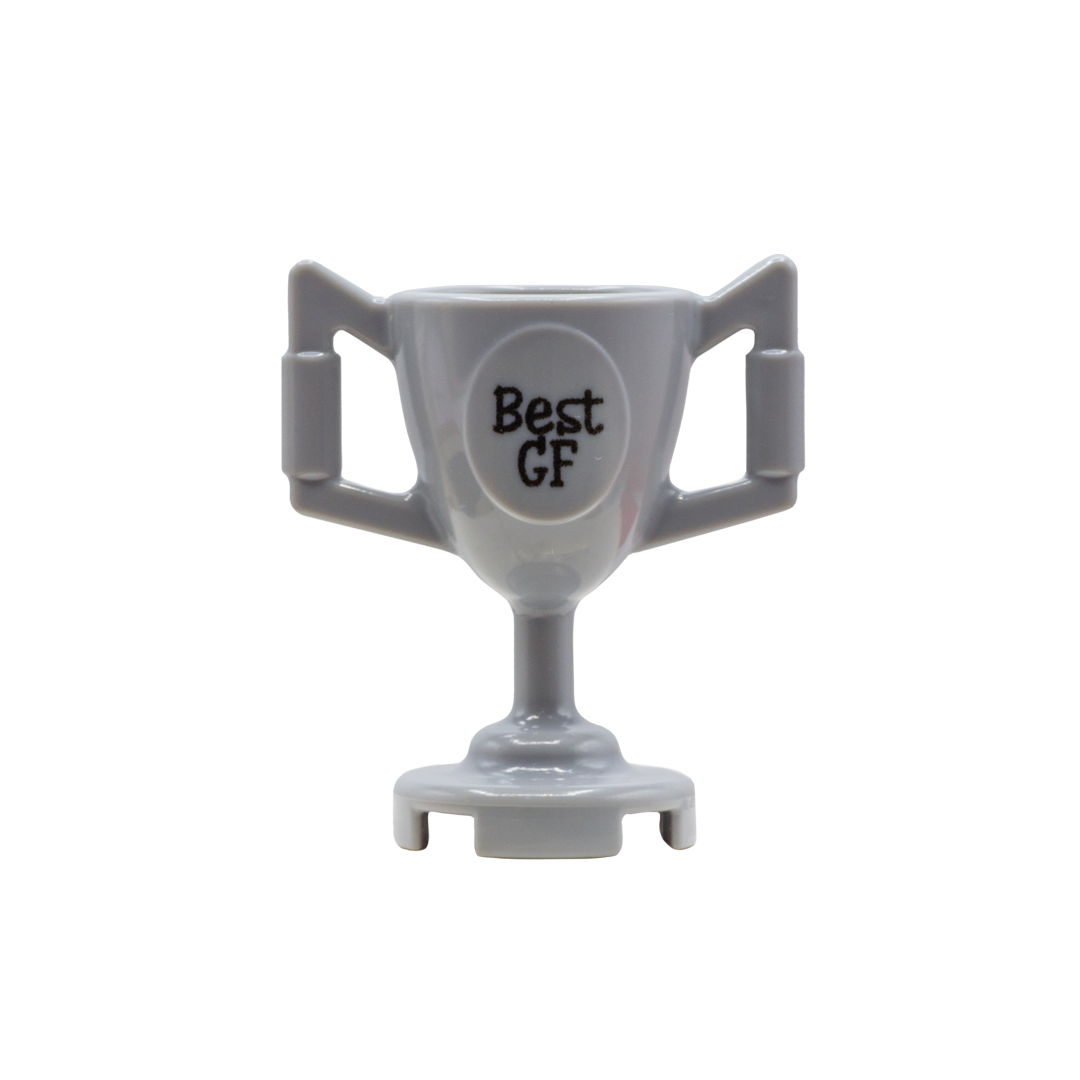 A gray LEGO trophy with two handles, a pedestal base, and a circular emblem reading 'Best GF' on the front.