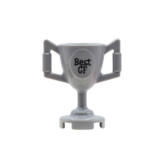 A gray LEGO trophy with two handles, a pedestal base, and a circular emblem reading 'Best GF' on the front.