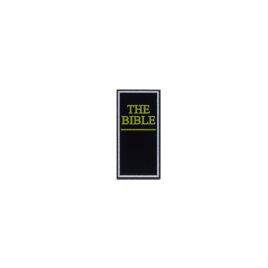 Custom black LEGO tile with The Bible title printed on it.