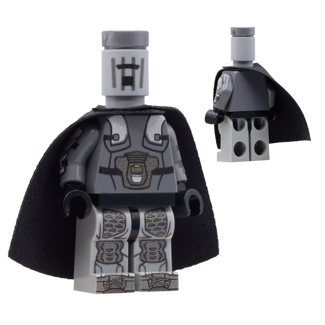 Custom minifigure inspired by Count Binface with printed bin head, printed armour and wearing black cape.