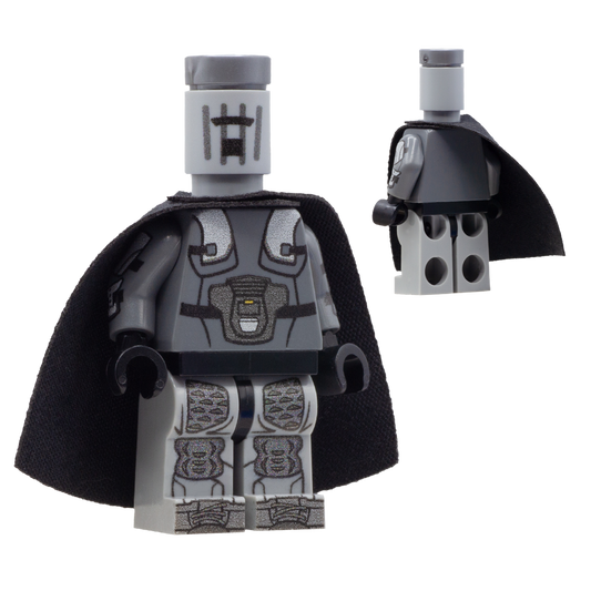 Custom minifigure inspired by Count Binface with printed bin head, printed armour and wearing black cape.