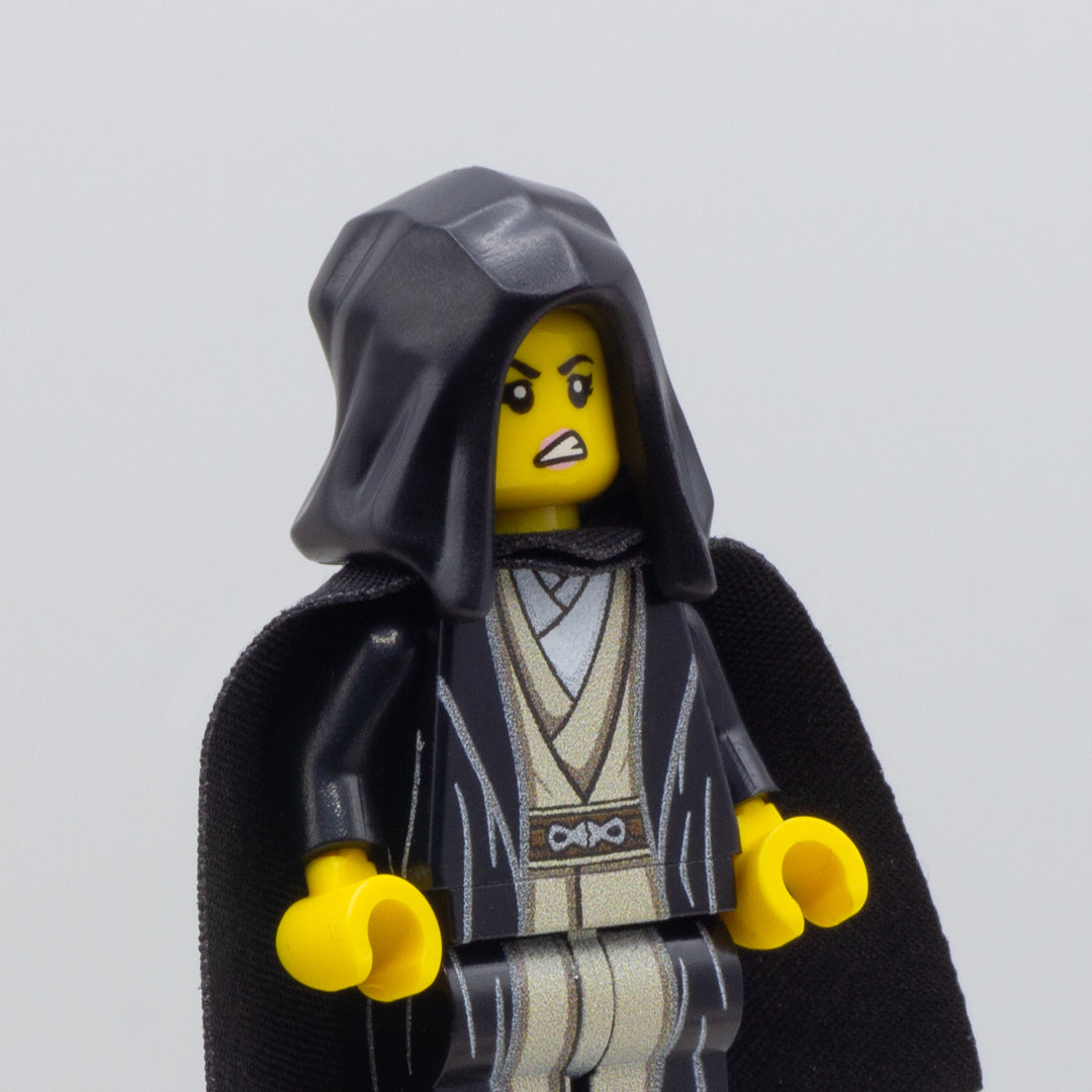 Custom LEGO minifigure wearing Jedi robes and a black LEGO minifigure headpiece or hood accessory
