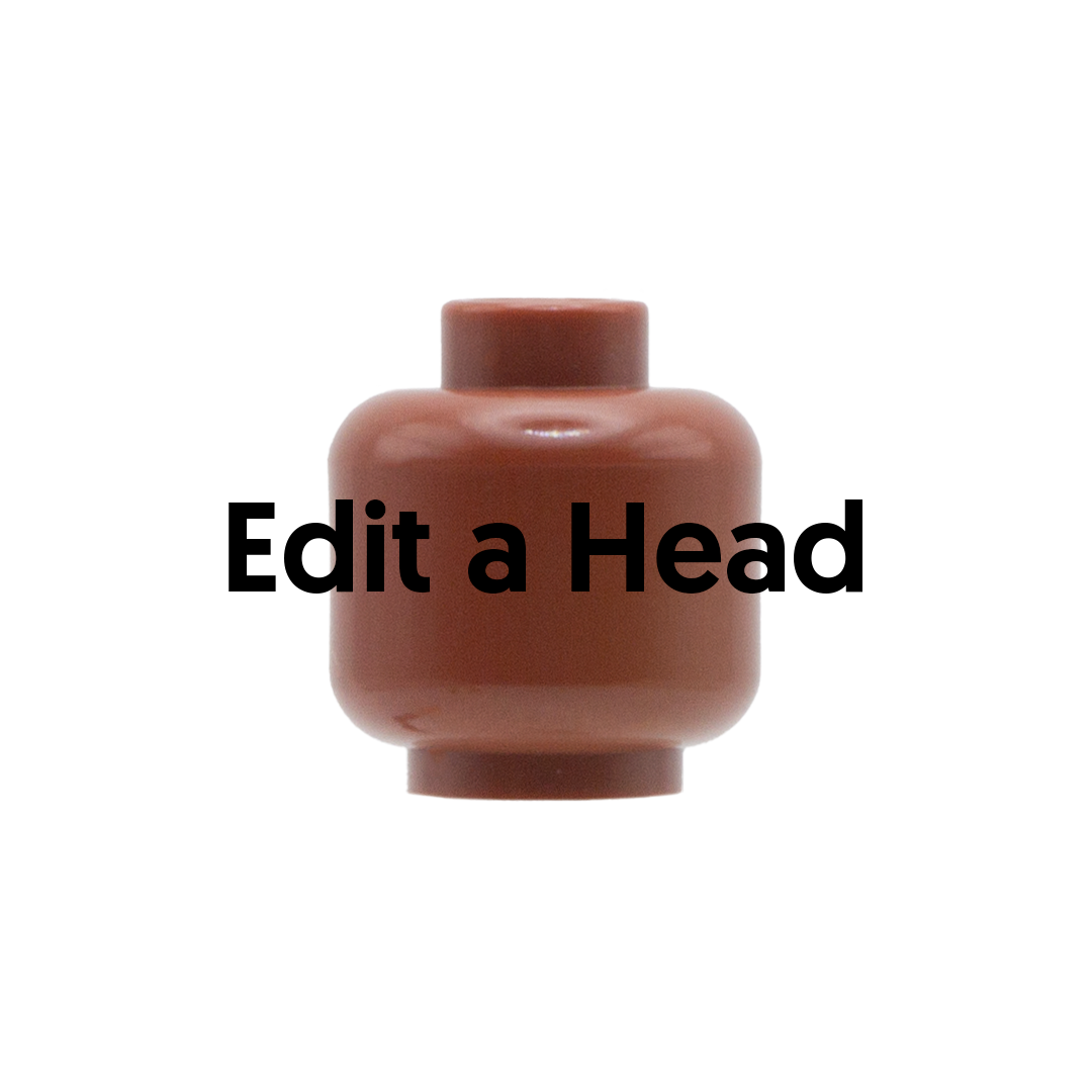 A dark flesh LEGO minifigure head with the text 'Edit a Head' overlaid in black across the center