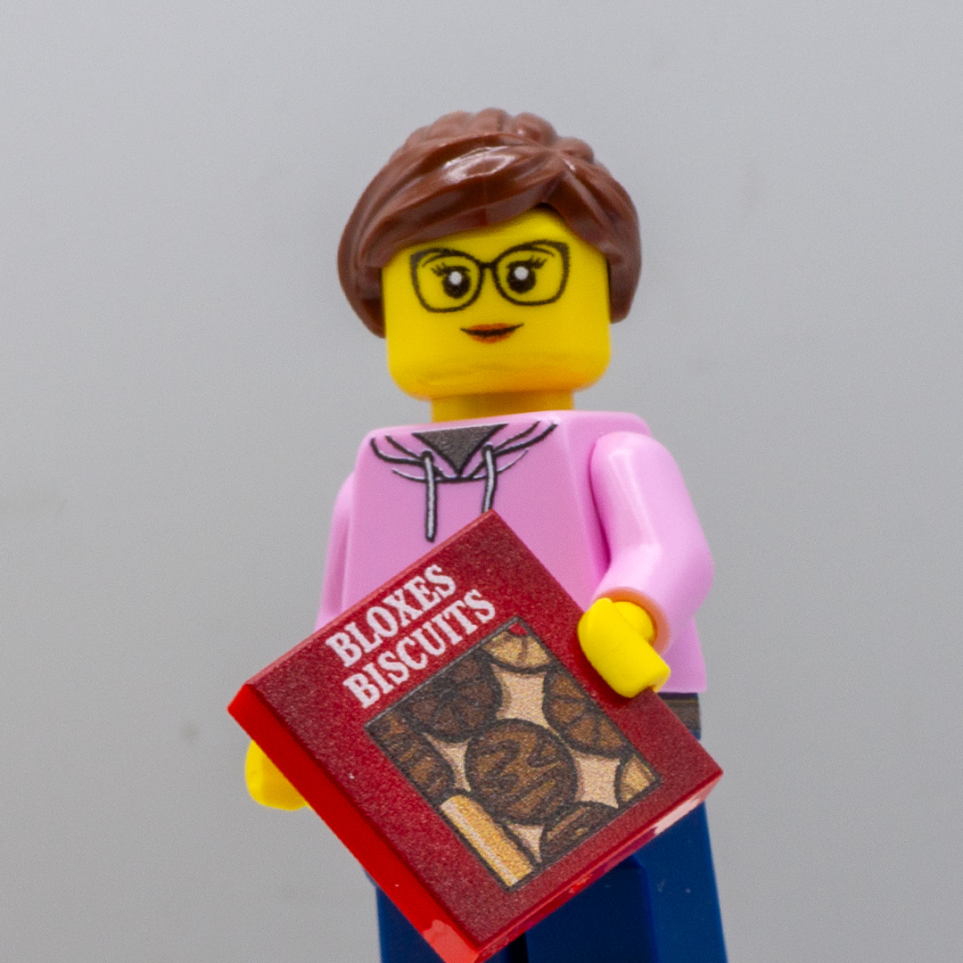 Custom LEGO Minifigure holding Bloxes Biscuits (Minifigure Accessory based on Fox's Biscuits)