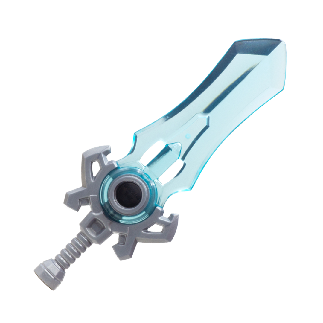 Large blue-bladed translucent fantasy sword with silver handle