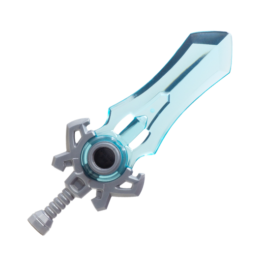 Large blue-bladed translucent fantasy sword with silver handle