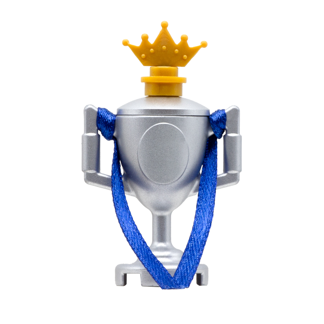 LEGO minifigure silver trophy with blue ribbon and a golden crown.