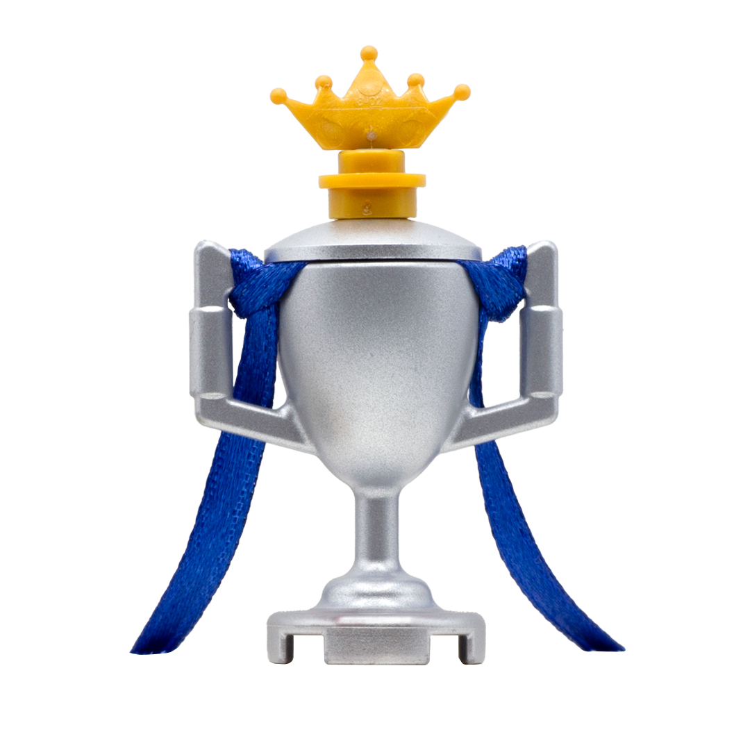 LEGO minifigure silver trophy with blue ribbon and a golden crown.