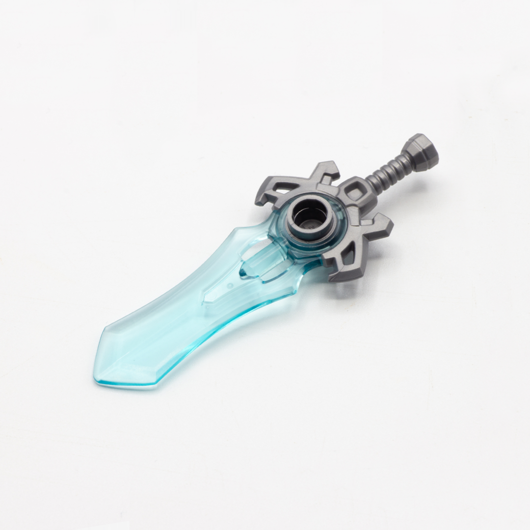 Large blue-bladed translucent fantasy sword with silver handle