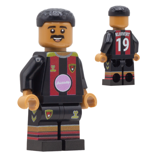 A LEGO minifigure of AFC Bournemouth footballer Justin Kluivert. The figure is wearing a black soccer jersey with red, gold accents and the name 'KLUIVERT' and number '19' are printed on the back.