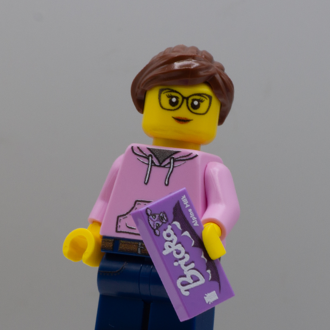 Custom LEGO minifigure with Milka Chocolate bar (Bricka bar)