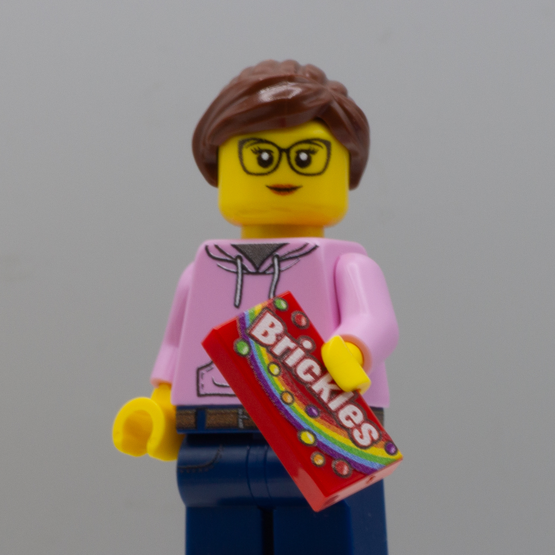 Custom LEGO Minifigure holding Skittles Packet (Brickles)