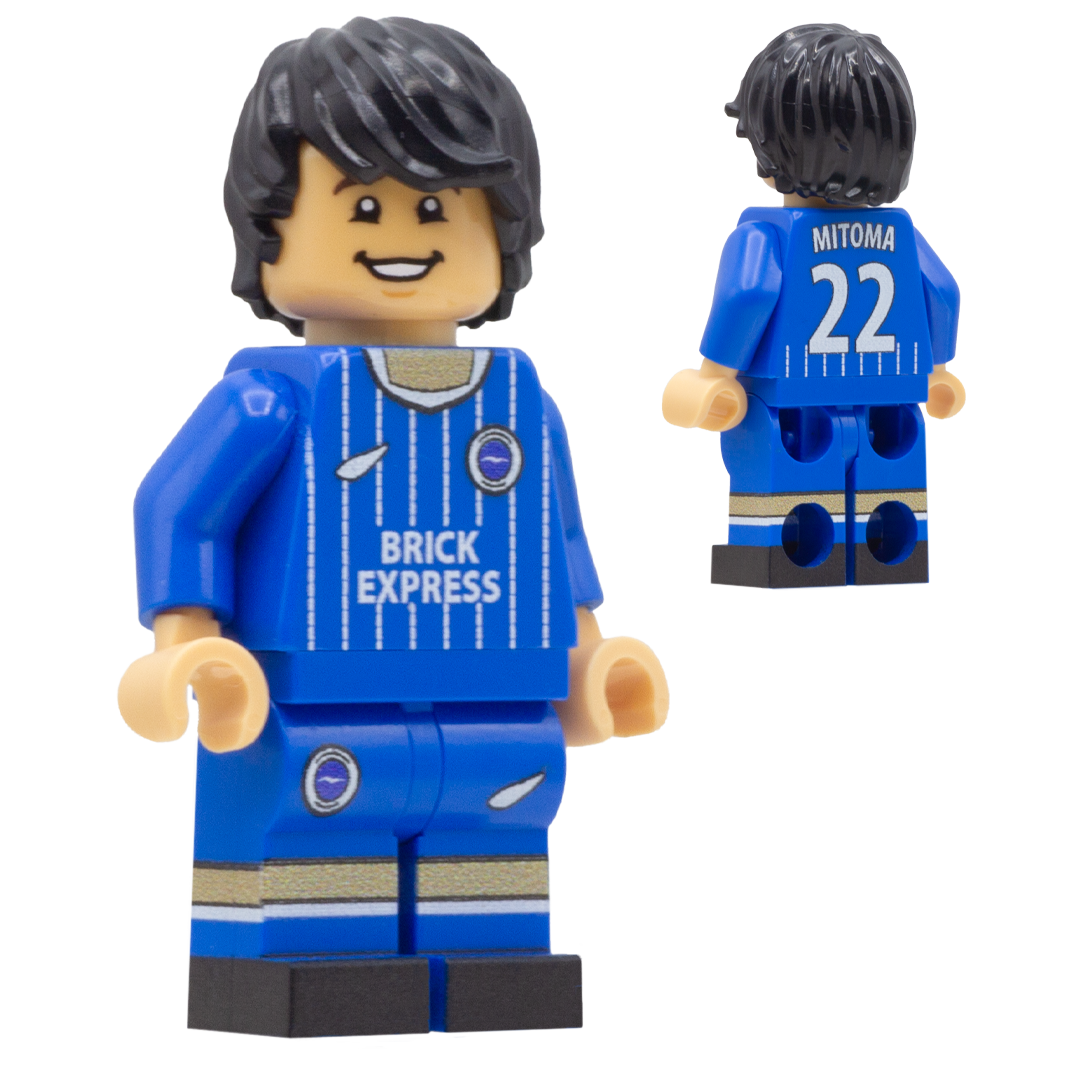 A custom LEGO minifigure of Brighton & Hove Albion footballer Kaoru Mitoma. The front view shows a blue jersey with white pinstripes, 'BRICK EXPRESS' text, and a circular crest, while the back view shows 'MITOMA 22' on the back of the jersey.