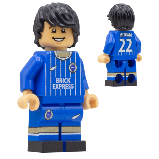 A custom LEGO minifigure of Brighton & Hove Albion footballer Kaoru Mitoma. The front view shows a blue jersey with white pinstripes, 'BRICK EXPRESS' text, and a circular crest, while the back view shows 'MITOMA 22' on the back of the jersey.