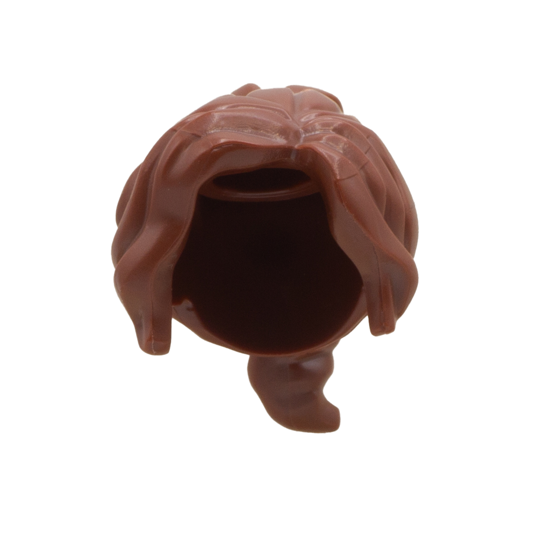 Brown think and wavy LEGO minifigure hair in a ponytail with parted swept fringe.