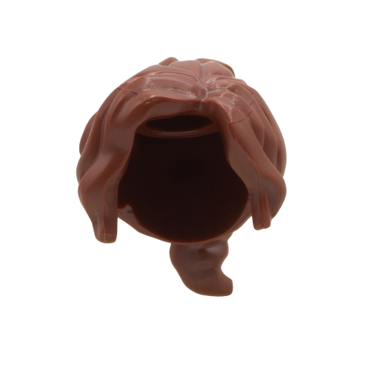Brown think and wavy LEGO minifigure hair in a ponytail with parted swept fringe.