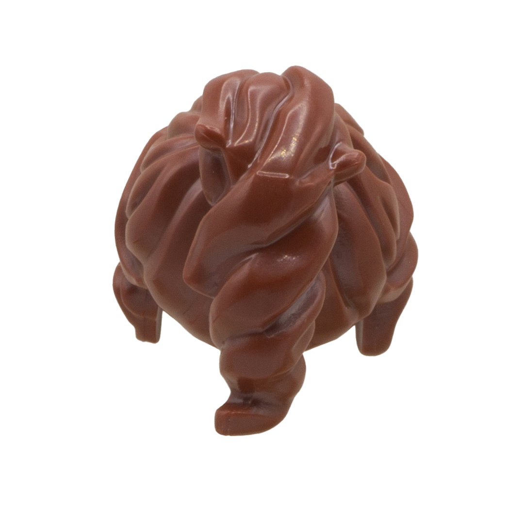 Brown think and wavy LEGO minifigure hair in a ponytail with parted swept fringe. Back view.