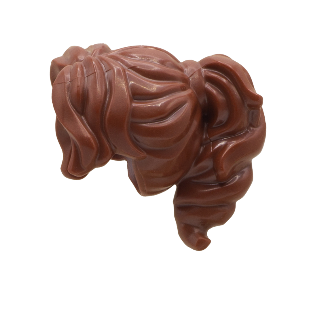 Brown think and wavy LEGO minifigure hair in a ponytail with parted swept fringe. Side view