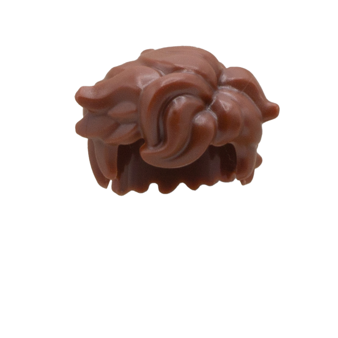 A brown LEGO minifigure hair accessory - messy and tousled. Front view