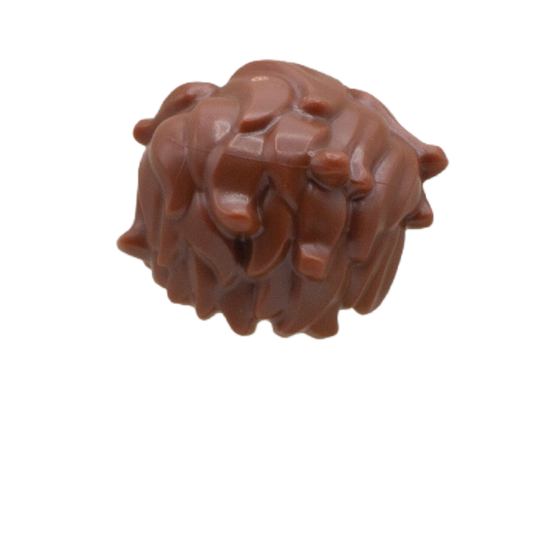 A brown LEGO minifigure hair accessory - messy and tousled. Rear view.