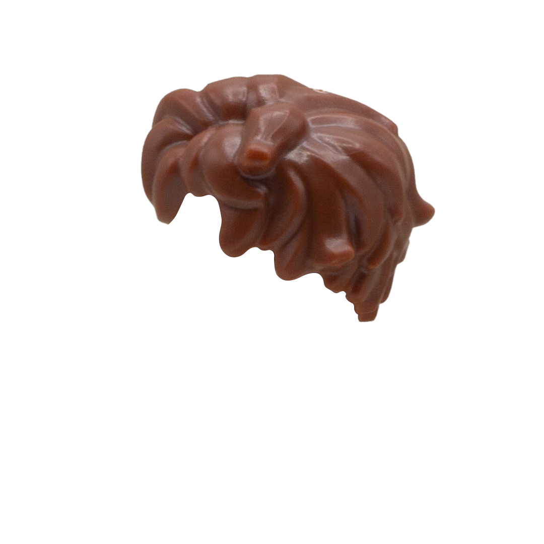 A brown LEGO minifigure hair accessory - messy and tousled. Side view.