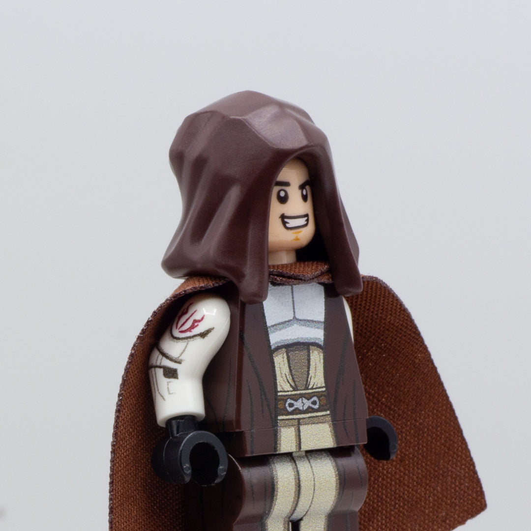 Custom LEGO minifigure wearing Jedi robes and a dark brown LEGO minifigure headpiece or hood accessory