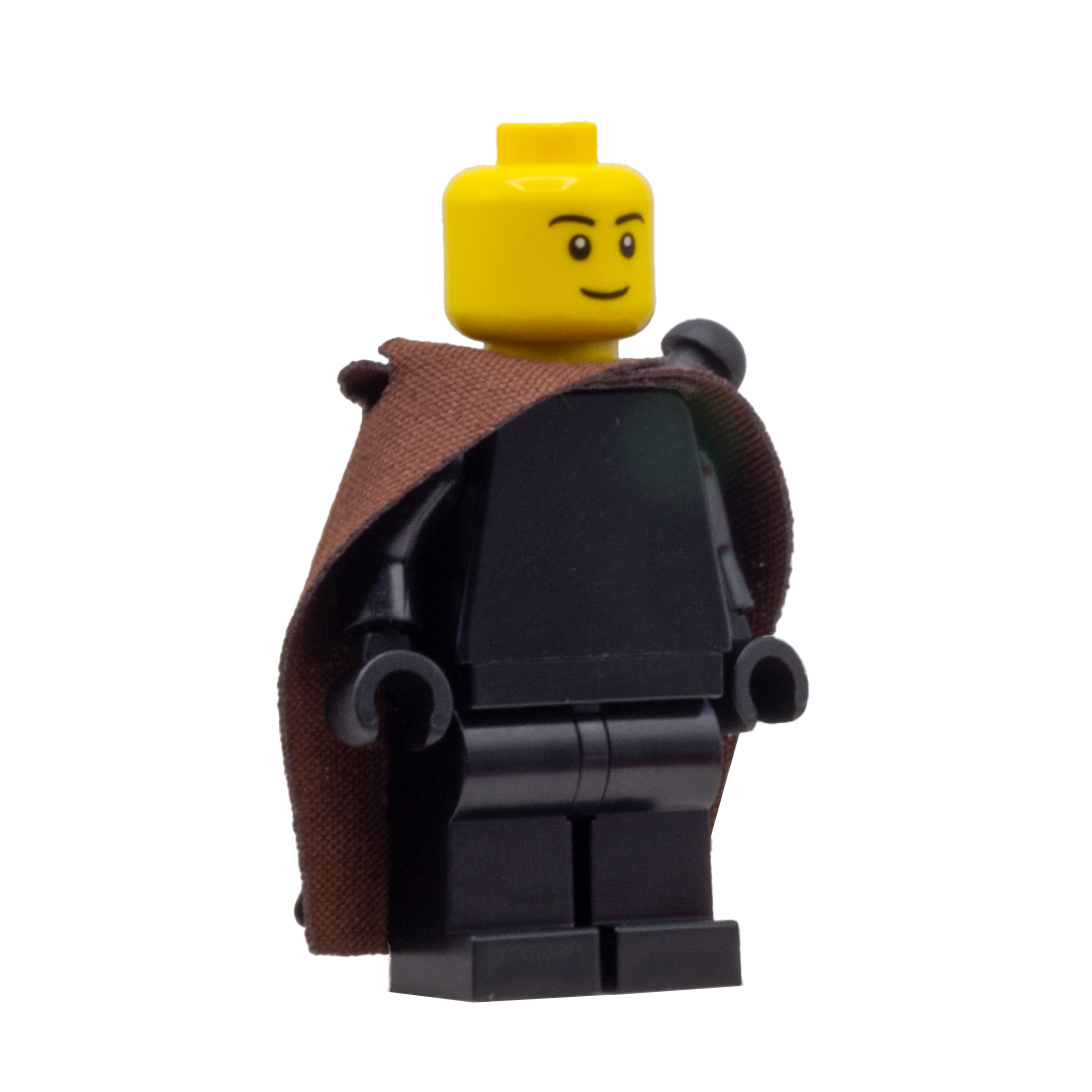 Front view of a minifigure wearing a brown fabric cape with slots for LEGO swords.