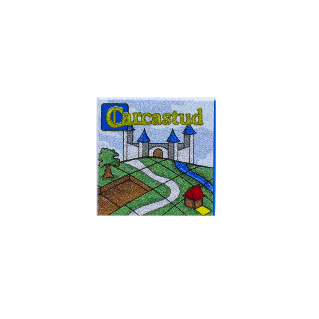 Custom-printed LEGO tile with a detailed design inspired by the Carcassonne board game, depicting the  name Carcastud an the medieval landscape in a LEGO style.