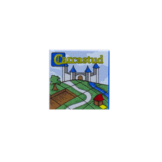Custom-printed LEGO tile with a detailed design inspired by the Carcassonne board game, depicting the  name Carcastud an the medieval landscape in a LEGO style.