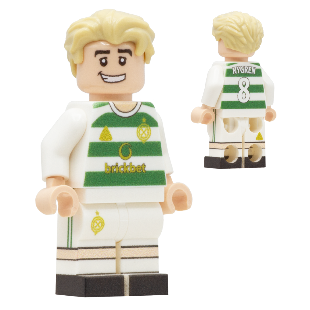 A LEGO-style minifigure of Celtic FC footballer Benjamin Nygren. The figure has blond hair and a white soccer jersey with green horizontal stripes, gold details, and the name 'NYGREN' and number '8' on the back.
