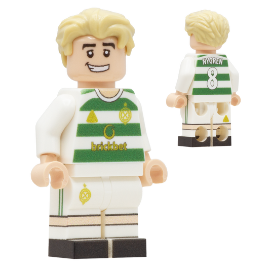 A LEGO-style minifigure of Celtic FC footballer Benjamin Nygren. The figure has blond hair and a white soccer jersey with green horizontal stripes, gold details, and the name 'NYGREN' and number '8' on the back.